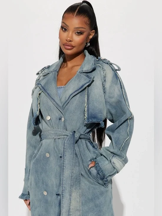 Washed Blue Denim Trench Coat - Picture 3 of 7